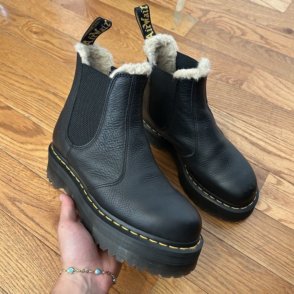 Dr Doc Martens 2976 Quad Faux Fur Lined Black Leather Chelsea Boots Size 8